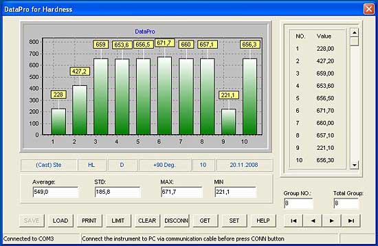 Durometre PCE-2000DL için olan Yazılım görüntüsü